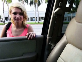 Cute blonde teen hitchhikes and pussy railed in the car