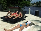 Bikini besties riding dildo in threesome after tanning